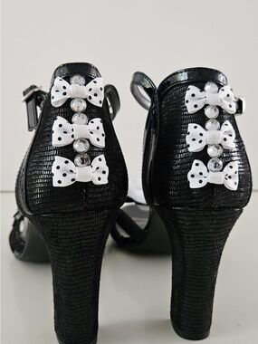 Impo Black Heeled Sandals with White Polka-Dot Bows & Crystals